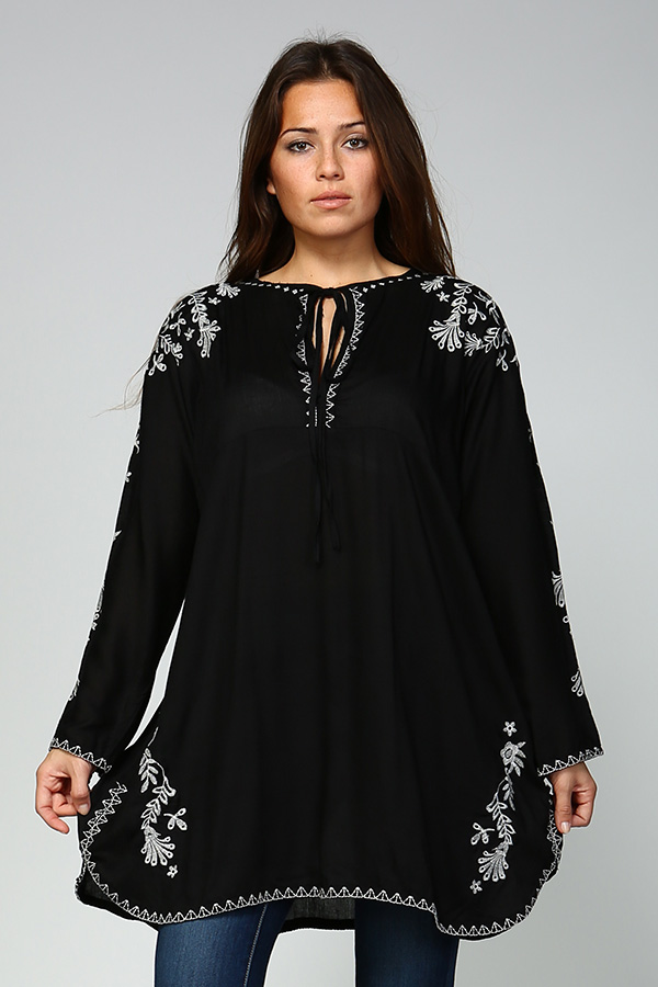 Long Sleeve Black Tunic Top with white Embroidery